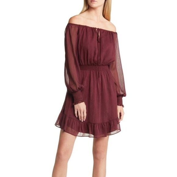 Charles Henry Maroon Red Metallic Stripe Off The Shoulder Mini Dress S - Picture 1 of 7